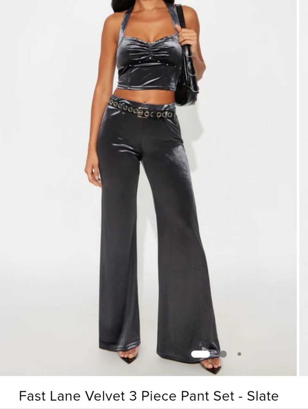 Fashion Nova Slate Velvet Crop Top & Wide-Leg Pants Set - Charcoal